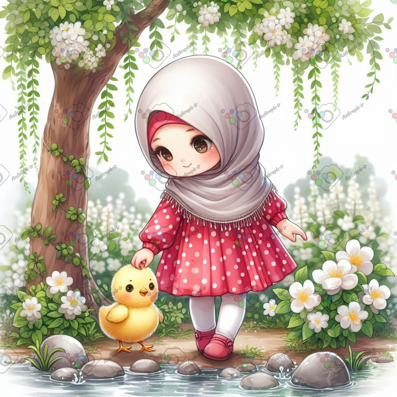 بک گراند کودکانه دختر بچه ناز با حجاب در حال نوازش جوجه با مزه در باغ گل یاس-کد 44403(ویژه عکس گراف)