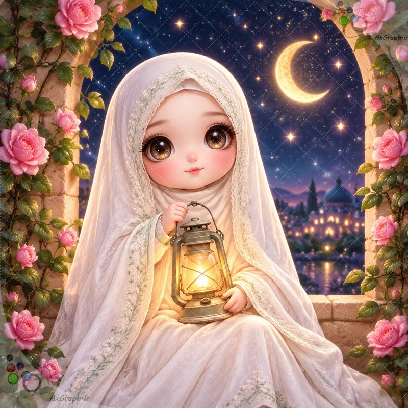 🌟🌙 طرح دختربچه معصوم با چادر سفید و فانوس روشن در ایوان گل رز با هلال ماه و نمای حرم - کد ۴۵۰۰۵ (ویژه عکس گراف) 📿🌸🕯️