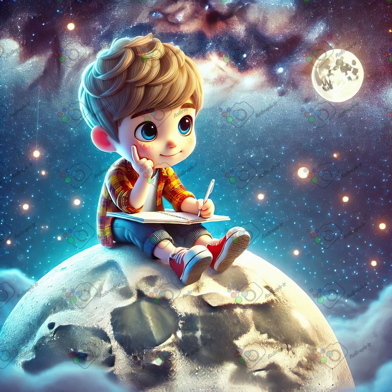 بک گراند کودکانه پسربچه با مزه در حال تفکر و یادداشت برداری-کد 44504(ویژه عکس گراف)