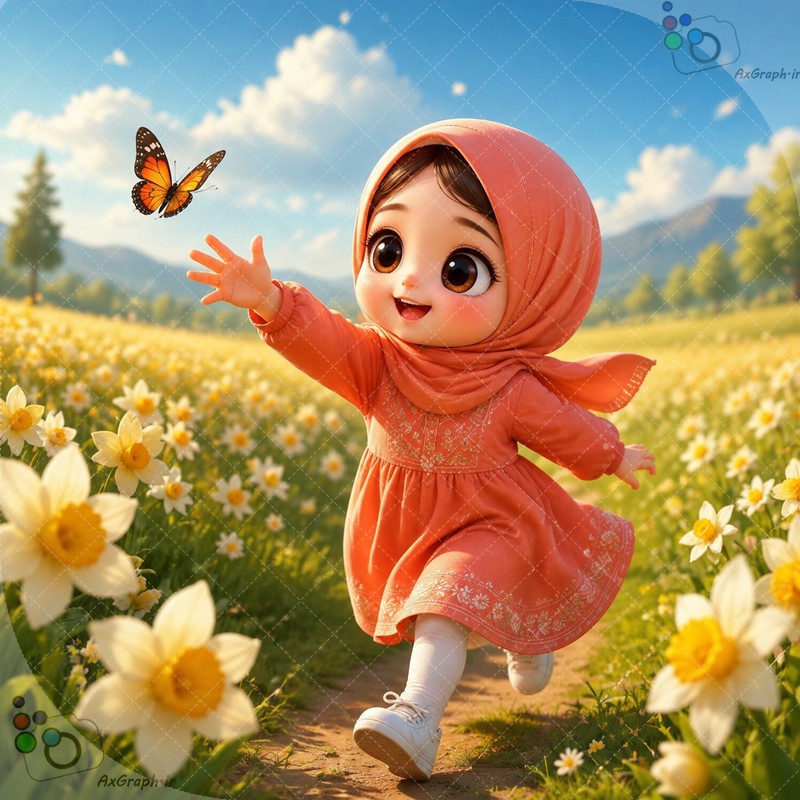 🌟🏃‍♀️ طرح دختربچه معصوم باحجاب مرجانی در حال دویدن در دشت گل نرگس و گرفتن پروانه - کد ۴۵۰۲۰ (ویژه عکس گراف) 🌼🦋✨