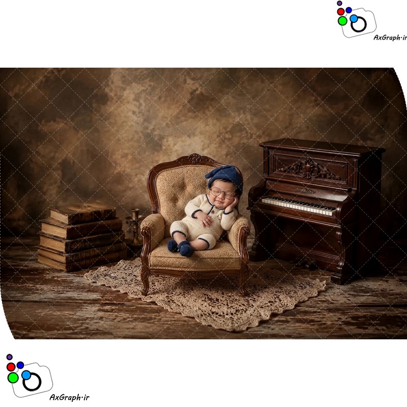 بک دراپ نوزاد مبل و پیانو و کتابهای قدیمی-کد 55485(ویژه عکس گراف)