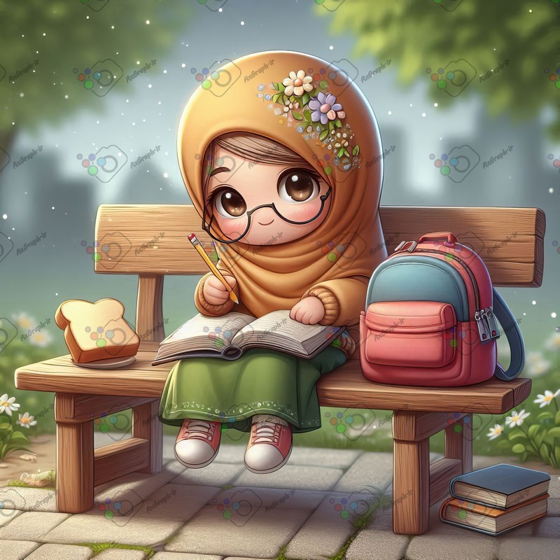 بک گراند کودکانه دانش آموز کوچولو نشسته روی نیمکت در حال نوشتن-کد 44553(ویژه عکس گراف)