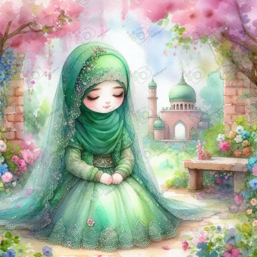 بک گراند کودکانه دختر ناز سبز پوش با حجاب در باغ رویایی-کد 41024(ویژه عکس گراف)