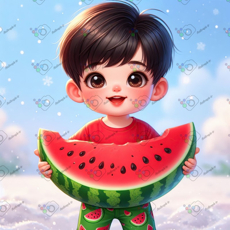 بک گراند کودکانه یلدا با طرح پسربچه با مزه با هندونه زیر برف-کد 44795(ویژه عکس گراف)