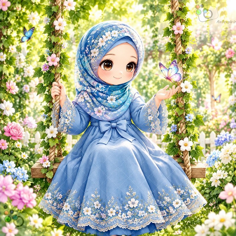طرح دختربچه باحجاب و لباس آبی روی تاب گل‌دار در باغ بهشتی و نشستن پروانه روی دست - کد ۴۵۰۲۷ (ویژه عکس گراف)