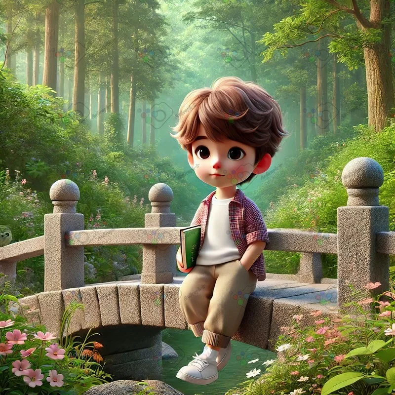 بک گراند کودکانه پسربچه ناز کتاب در دست نشسته روی پل سنگی-کد 43753(ویژه عکس گراف)