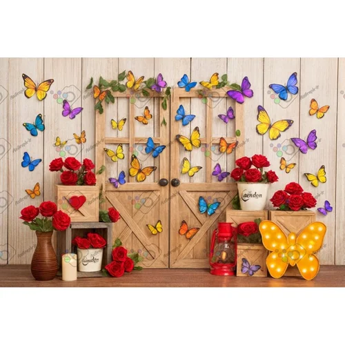 بک دراپ آتلیه تم گل رز و پروانه-کد 55366(ویژه عکس گراف)