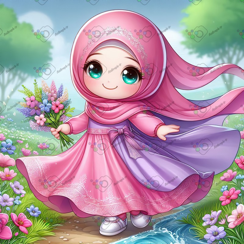 بک گراند کودکانه دختر بچه ناز با حجاب با دسته گل زیبا در دشت گلها-کد 44413(ویژه عکس گراف)