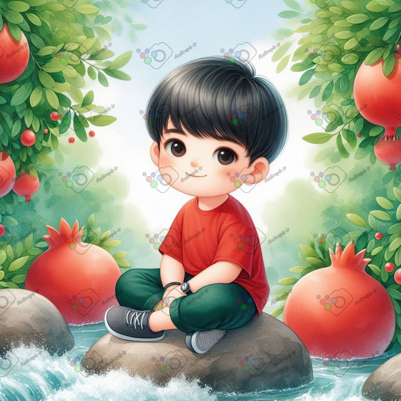 بک گراند کودکانه یلدا با طرح پسربچه نشسته روی تخته سنگ وسط رودخونه در باغ انار-کد 44798(ویژه عکس گراف)