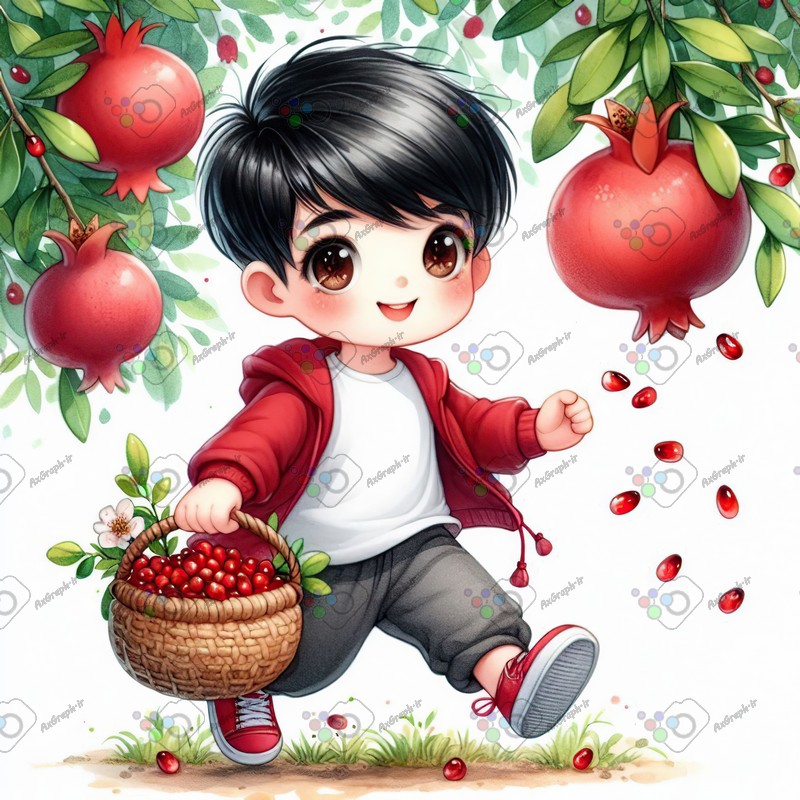 بک گراند کودکانه یلدا با طرح پسربچه ناز در حال راه رفتن با سبد انار در باغ انار-کد 44782(ویژه عکس گراف)