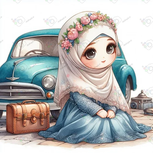 بک گراند کودکانه دختر زیبای محجبه با چمدان کنار ماشین قدیمی(ویژه عکس گراف)-کد 41281