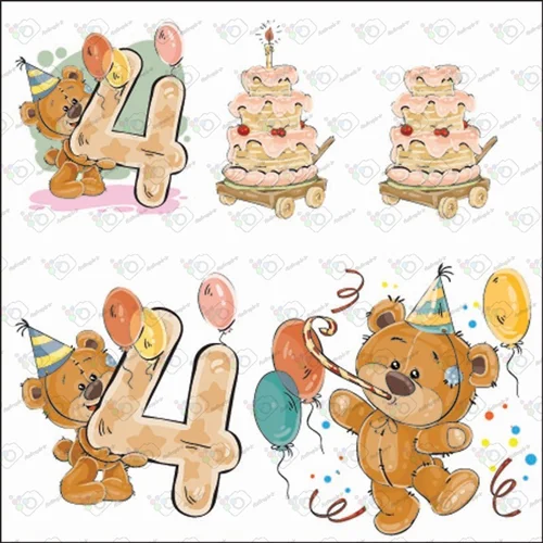 وکتور کارتونی تدی و عدد 4 و کیک تولد-کد 10729
