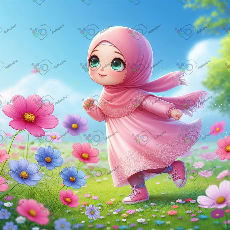 بک گراند کودکانه دختر بچه ناز با حجاب در حال دویدن در دشت گلها-کد 44392(ویژه عکس گراف)