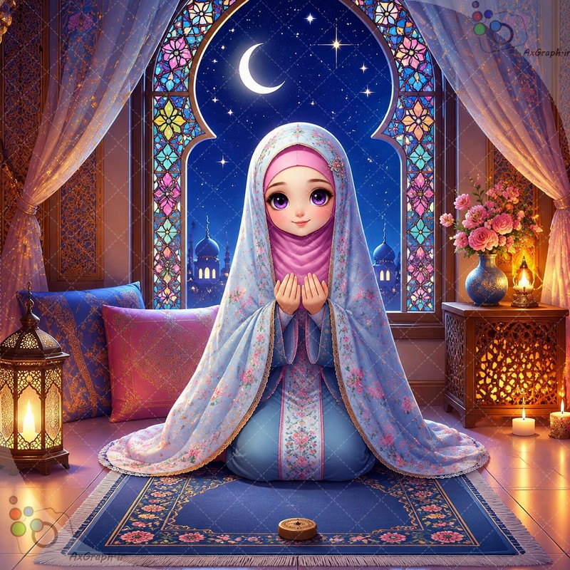 تصویرسازی سه‌بعدی دختر نوجوان محجبه در حال قنوت روی سجاده کنار پنجره ارسی و ماه - کد 44913 (ویژه عکس گراف)