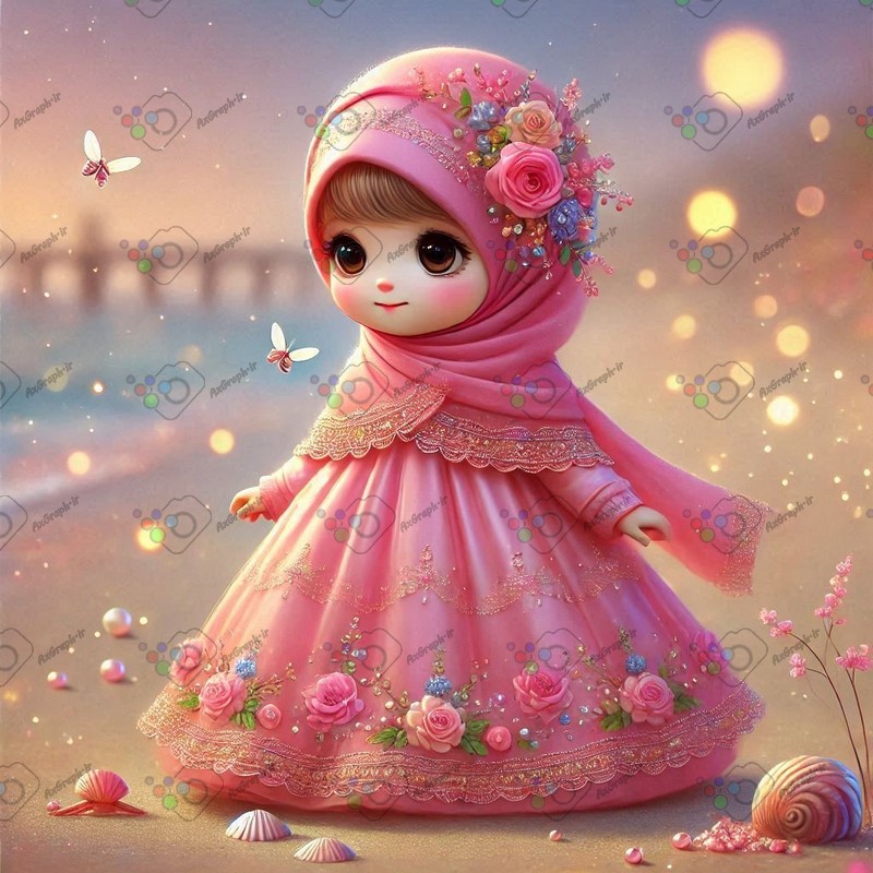 بک گراند کودکانه دختر ریزه میزه ناز با حجاب با پیراهن صورتی گلدار در ساحل-کد 44523(ویژه عکس گراف)