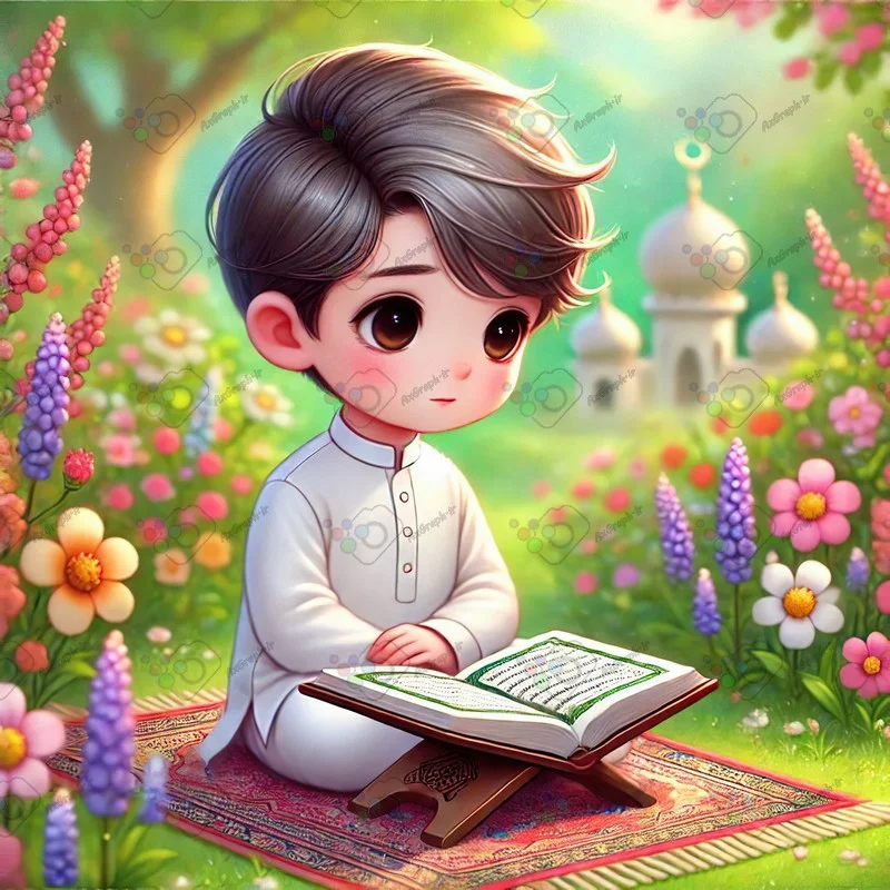 بک گراند کودکانه پسر نوجوان نشسته روی سجاده در حال قرآن خواندن در باغ زیبا-کد 43839(ویژه عکس گراف)