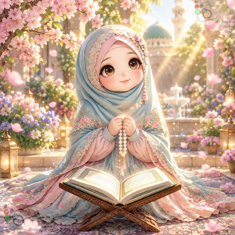🌟📿 طرح دختربچه معصوم باحجاب و تسبیح به دست در حال تلاوت قرآن در حیاط مسجد بهشتی - کد ۴۵۰۲۱ (ویژه عکس گراف) 🌸🕌✨