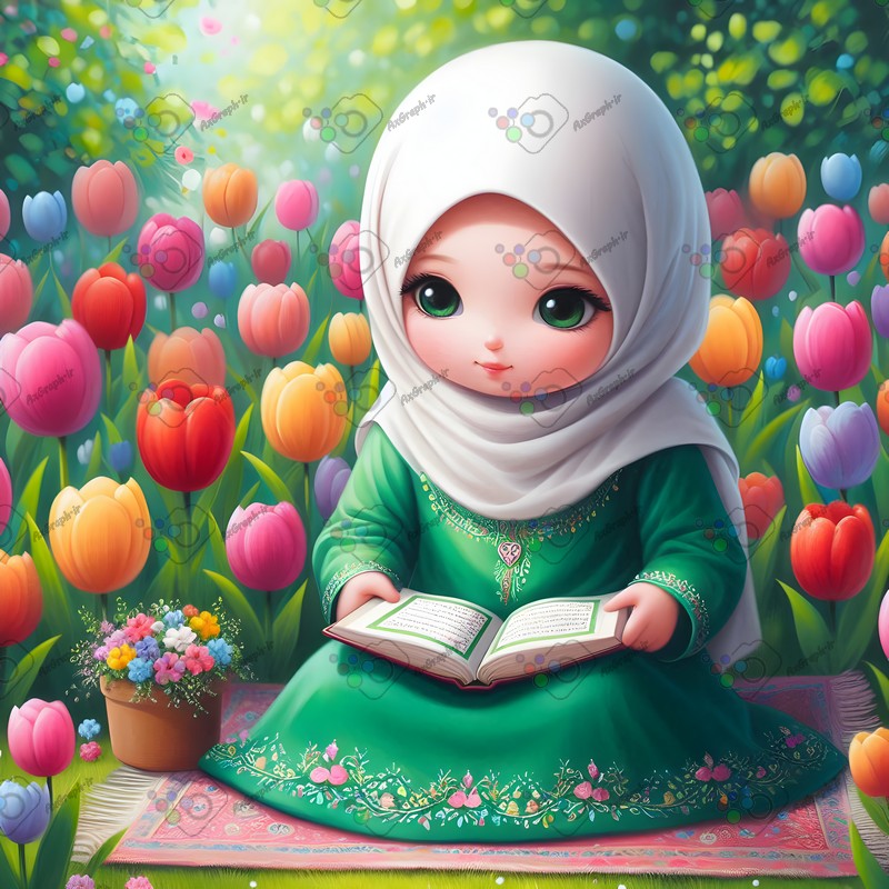 بک گراند کودکانه دختر بچه ناز با حجاب در حال قرآن خواندن در باغ لاله ها-کد 44588(ویژه عکس گراف)