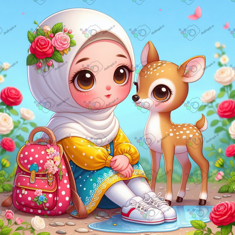 بک گراند کودکانه دختر بچه ناز با حجاب بچه آهوی ناز در باغ گل رز-کد 44551(ویژه عکس گراف)
