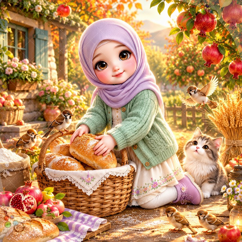 طرح دختربچه روستایی با سبد نان تازه، گربه ملوس و انارهای پاییزی در حیاط خانه - کد ۴۴۹۹۸