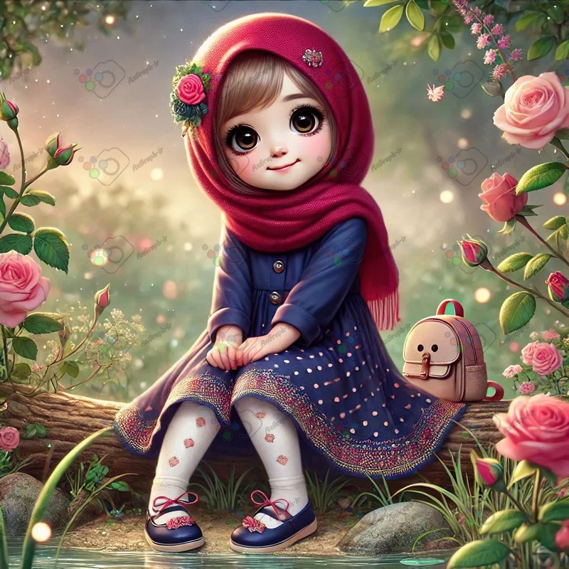 بک گراند کودکانه دختر ناز با حجاب پیرهن خال خالی نشسته روی درخت در باغ گل رز-کد 43579(ویژه عکس گراف)
