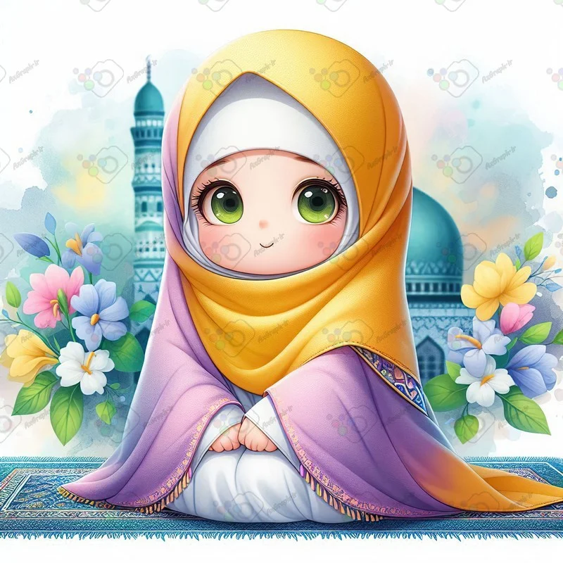 بک گراند کودکانه دختر کوچولوی ناز با حجاب نشسته جلوی مسجد-کد 44081(ویژه عکس گراف)