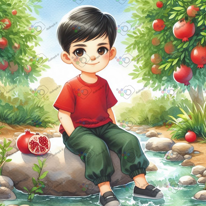 بک گراند کودکانه یلدا با طرح پسر نوجوان نشسته روی تخته سنگ در باغ انار-کد 44801(ویژه عکس گراف)