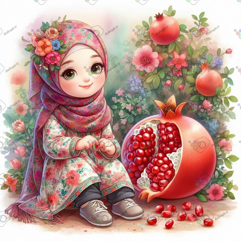 بک گراند کودکانه یلدا با طرح دختر بچه با حجاب و انار-کد 44725(ویژه عکس گراف)