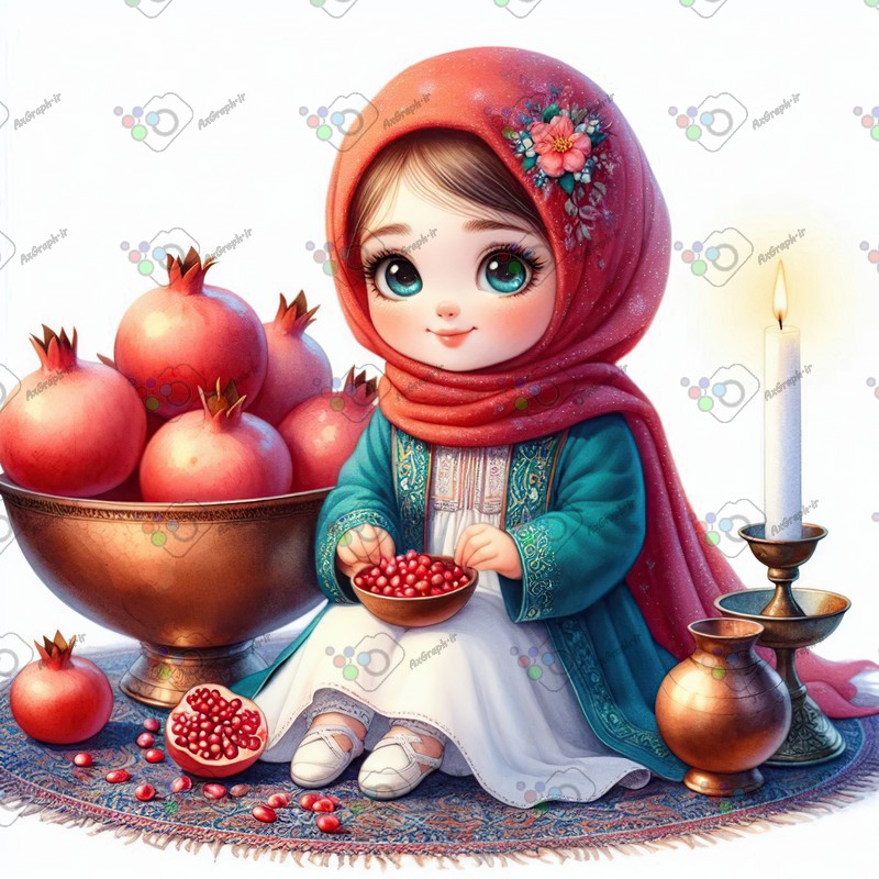 بک گراند کودکانه یلدا با طرح دختر بچه با حجاب نشسته روی فرش با کاسه انار-کد 44672(ویژه عکس گراف)