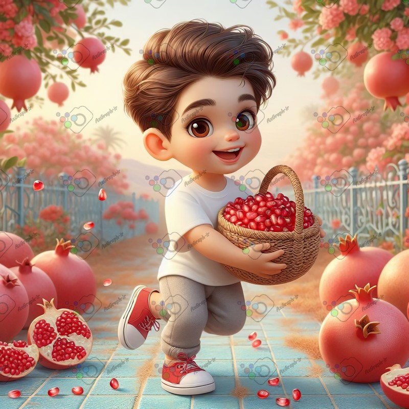 بک گراند کودکانه یلدا با طرح پسربچه با سبد انار در حال دویدن در باغ انار-کد 44806(ویژه عکس گراف)