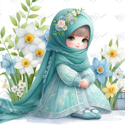 بک گراند کودکانه دختر ناز کوچولو با لباس و شال بلند فیروزه ای در باغ گل نرگس(ویژه عکس گراف)-کد 41289