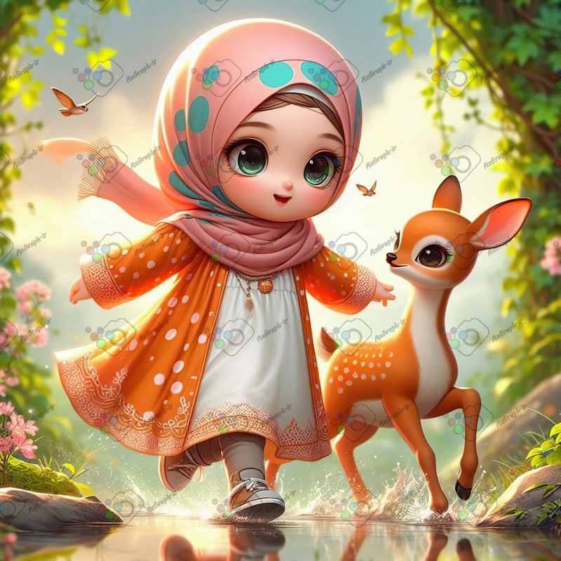 بک گراند کودکانه دختر بچه ناز با حجاب و آهو در جنگل-کد 44401(ویژه عکس گراف)