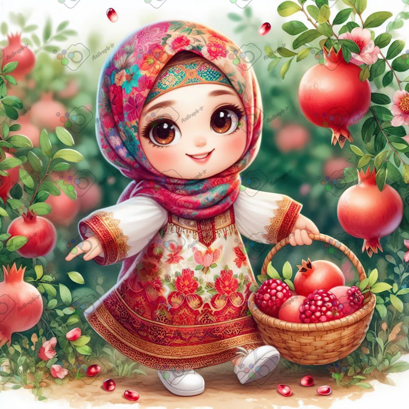 بک گراند کودکانه یلدا با طرح دختر بچه با حجاب با سبد انار در باغ انار-کد 44709(ویژه عکس گراف)