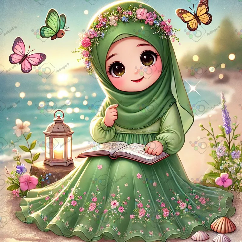 بک گراند کودکانه دختر ناز با حجاب کتاب در دست نشسته در ساحل-کد 43725(ویژه عکس گراف)