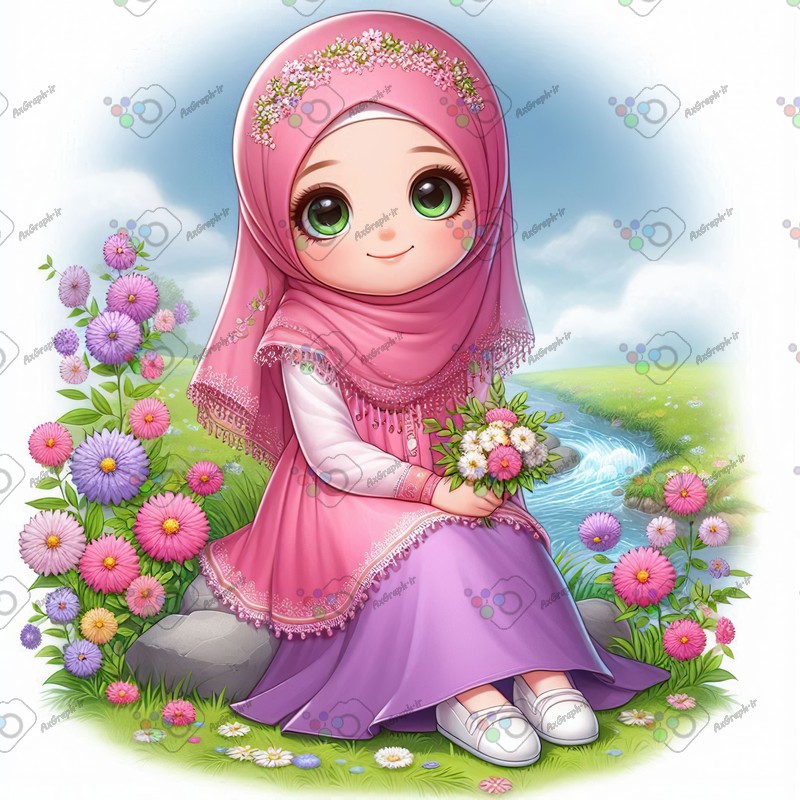 بک گراند کودکانه دختر بچه ناز با حجاب با دسته گل زیبا کنار چشمه-کد 44396(ویژه عکس گراف)