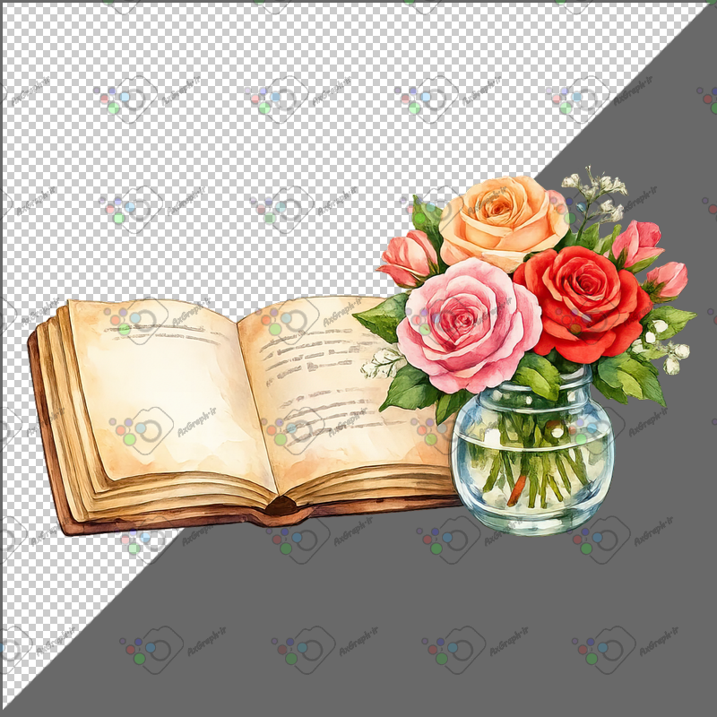 طرح برچسب فانتزی گلدان شیشه ای گل رز و کتاب قدیمی-کد 70146(ویژه عکس گراف)