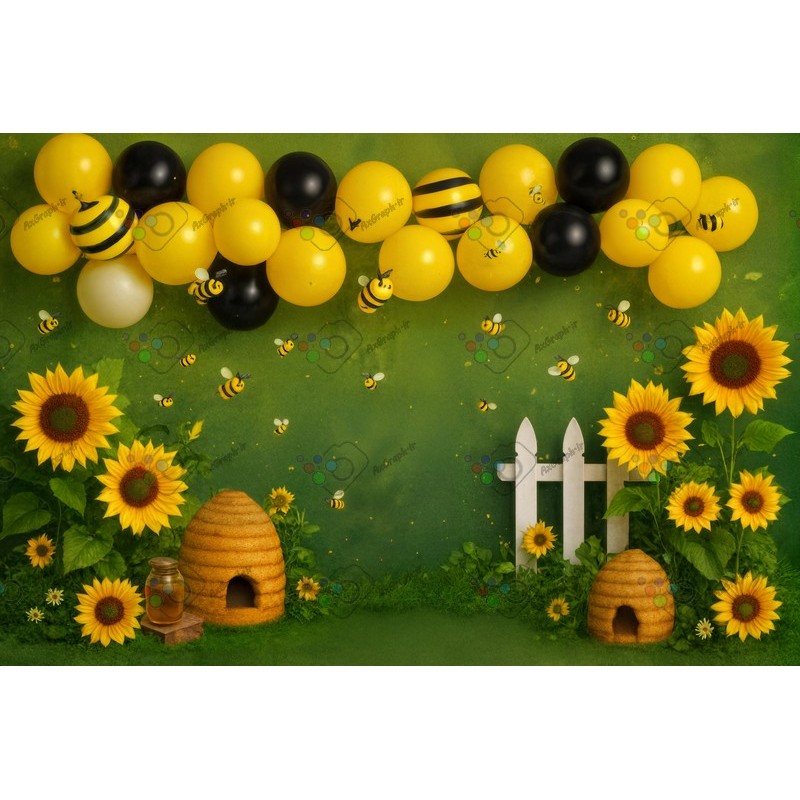 بک دراپ کودک تم زنبور عسل و گل آفتابگردون-کد 55439(ویژه عکس گراف)