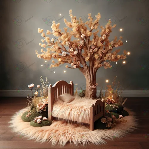 بک دراپ نوزاد تخت خواب چوبی و درخت طلایی-کد 55034(ویژه عکس گراف)