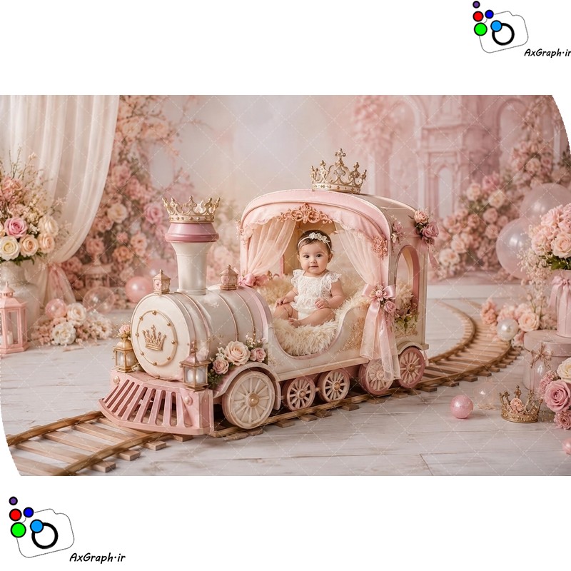 بک دراپ نوزاد قطار گل آرایی تم دخترونه-کد 55493(ویژه عکس گراف)