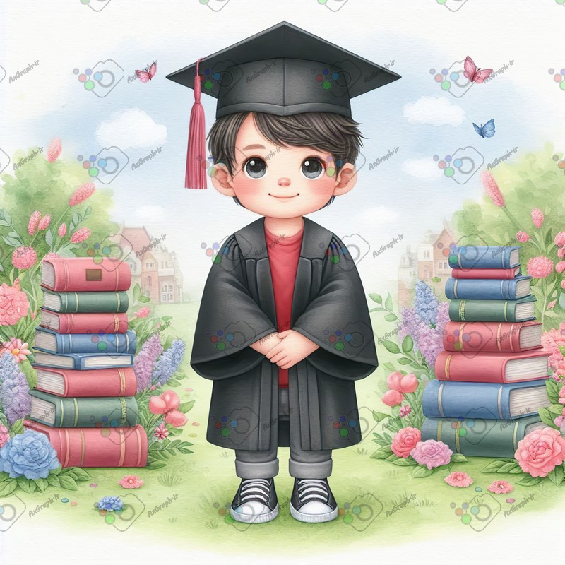بک گراند کودکانه پسربچه با مزه با لباس فارغ التحصیلی ایستاده بین کتاب ها-کد 44428(ویژه عکس گراف)