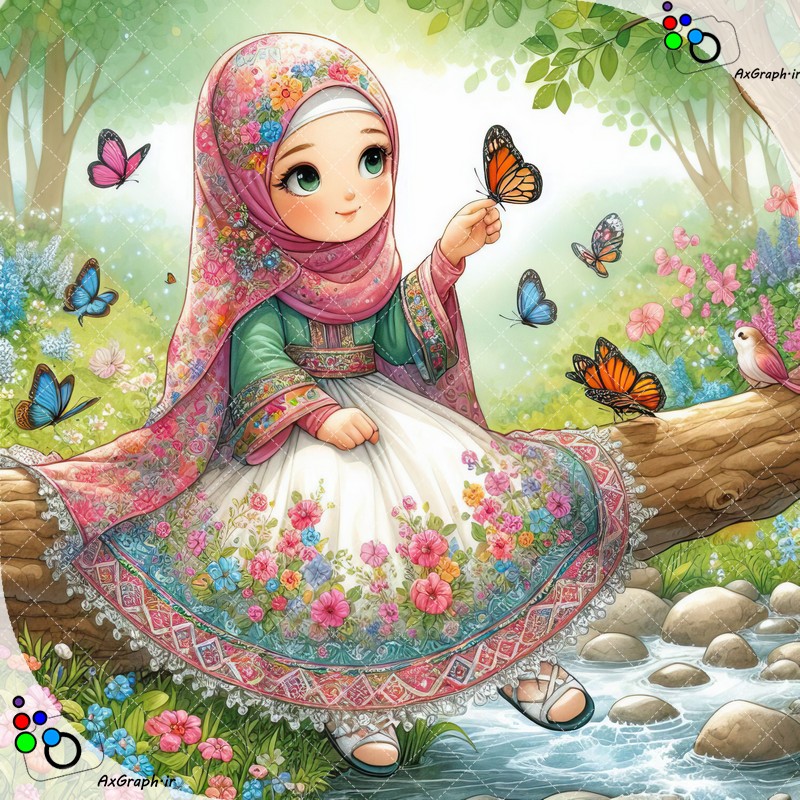 بک گراند کودکانه دختر ناز با حجاب و پروانه ها در باغ-کد 44836(ویژه عکس گراف)