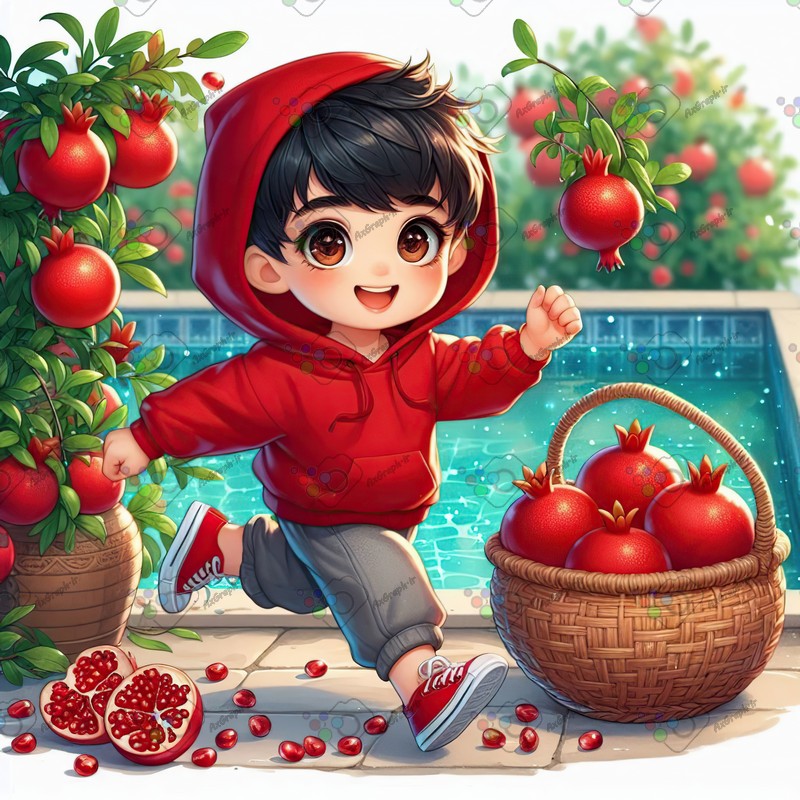 بک گراند کودکانه یلدا با طرح پسربچه در حال دویدن کنار حوض کاشی در باغ انار-کد 44769(ویژه عکس گراف)