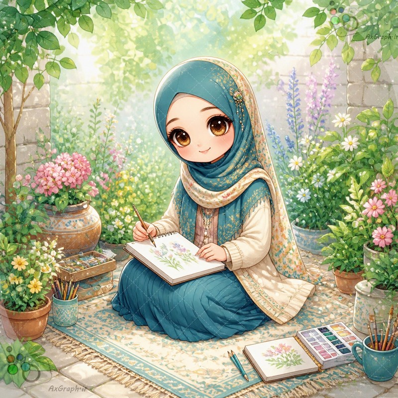 طرح دختر نوجوان باحجاب با لباس فیروزه‌ای در حال نقاشی گل و گیاه در گلخانه بهاری - کد 44941 (ویژه عکس گراف)