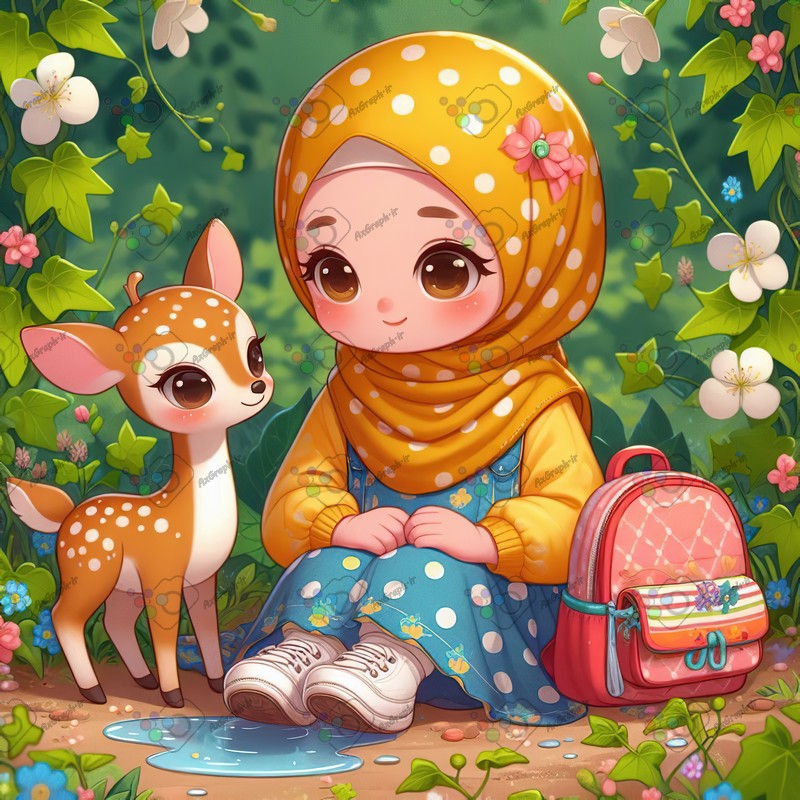 بک گراند کودکانه دختر بچه ناز با حجاب پیرهن خال خالی با بچه آهوی ناز کنار گودال آب در باغ یاس سپید-کد 44412(ویژه عکس گراف)