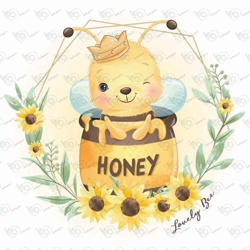 وکتور کودکانه زنبور طلایی تو کوزه عسل-کد 10786