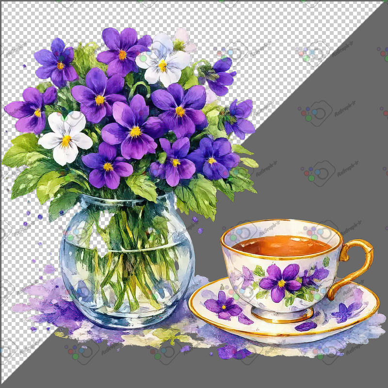 طرح برچسب فنجان چای و گلدان گل-کد 70097(ویژه عکس گراف)