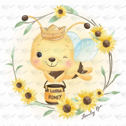 وکتور کودکانه زنبور تاجدار و سطل عسل-کد 10788