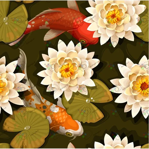 وکتور ماهی قرمز و گل نیلوفر اّبی سه بعدی در مرداب-کد 11331