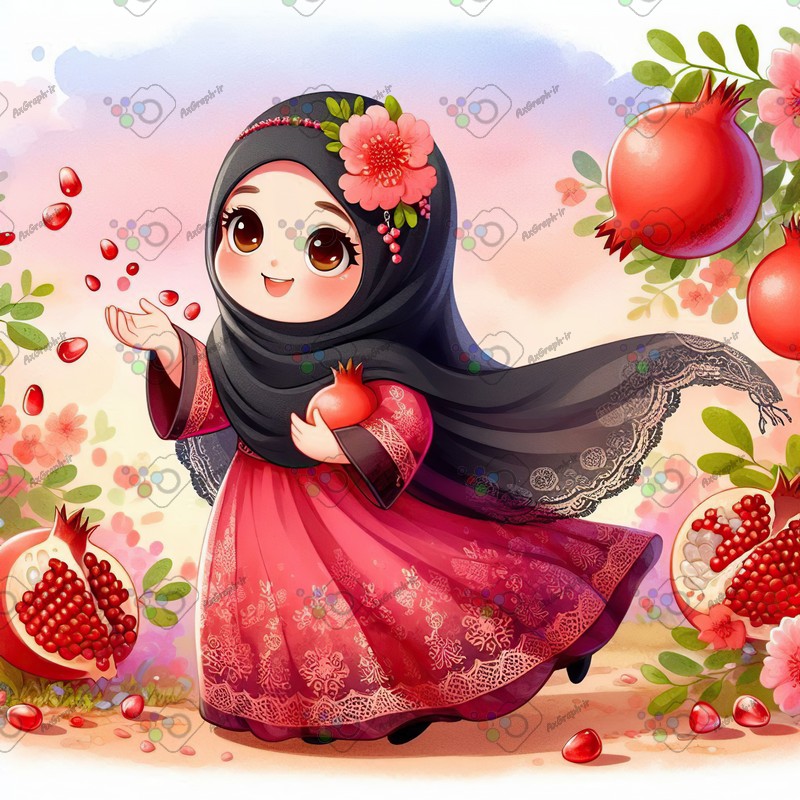 بک گراند کودکانه یلدا با طرح دختر بچه با حجاب در حال دویدن در باغ انار-کد 44692(ویژه عکس گراف)