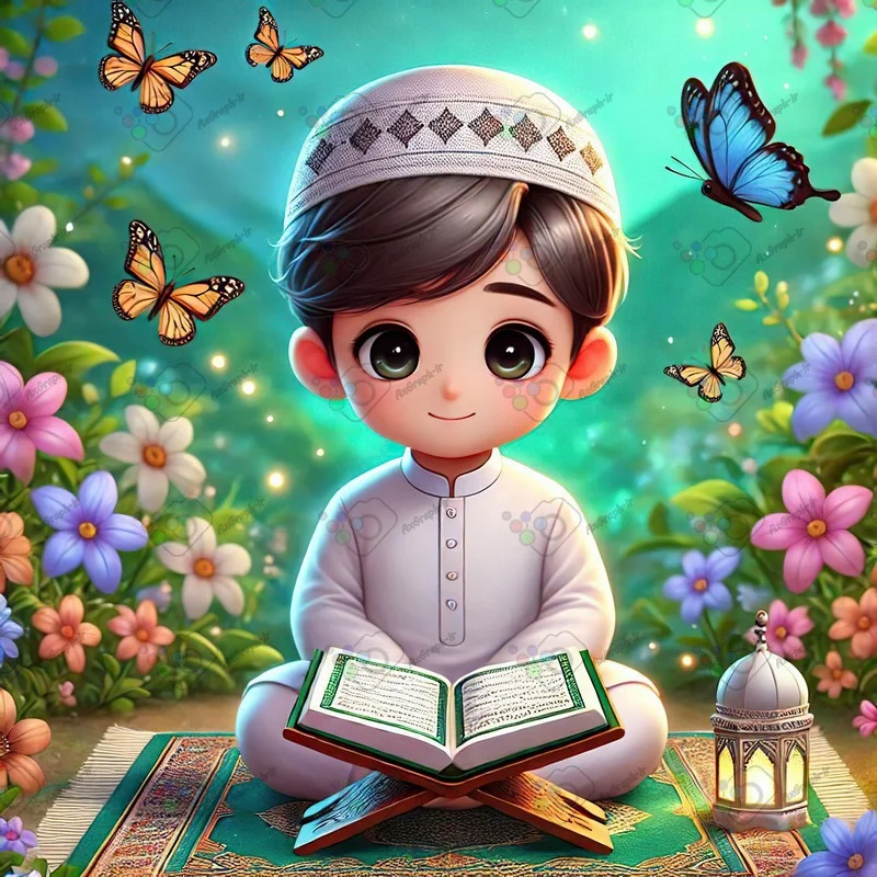 بک گراند کودکانه پسر کوچک نشسته روی سجاده در حال قرآن خواندن در باغ زیبای پر گل-کد 43858(ویژه عکس گراف)